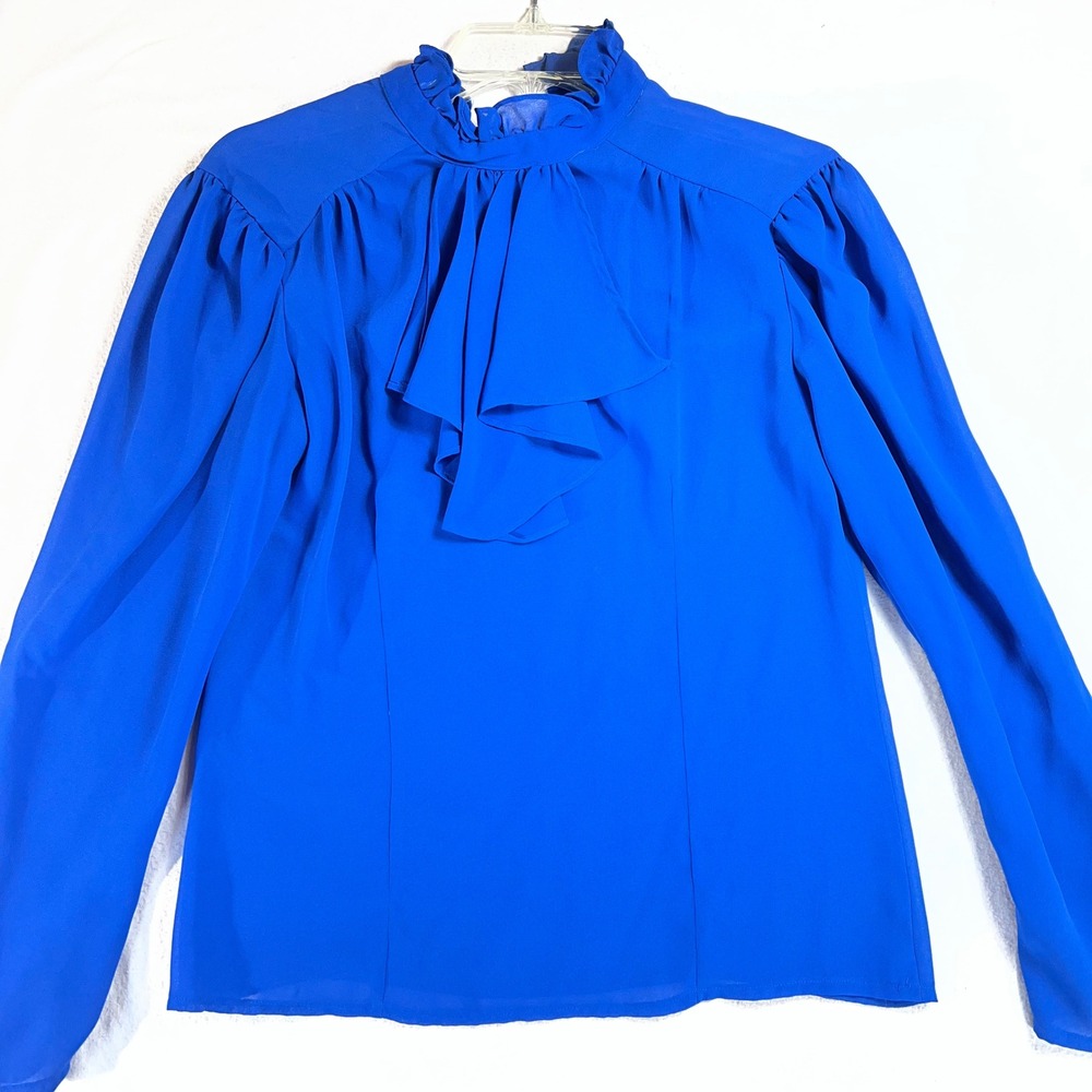 Vintage Royal Blue Ruffle High Neck Jabot Blouse Long Sleeve Puff Shoulder Top